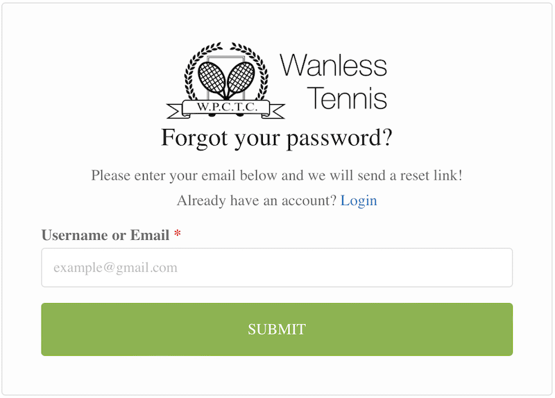 CourtReserve Forgot Password screen