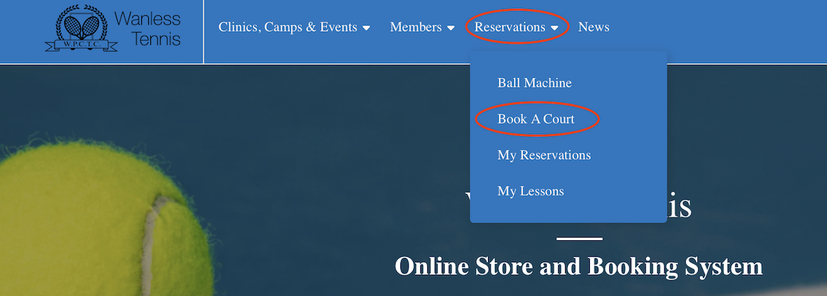 Main page with court booking menu selection