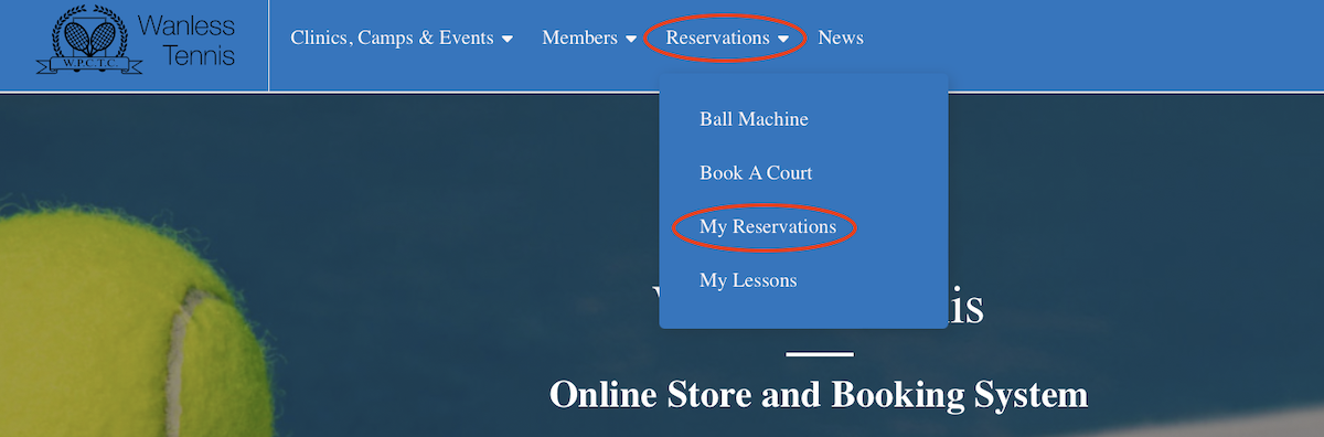 Main page with my court bookings menu selection